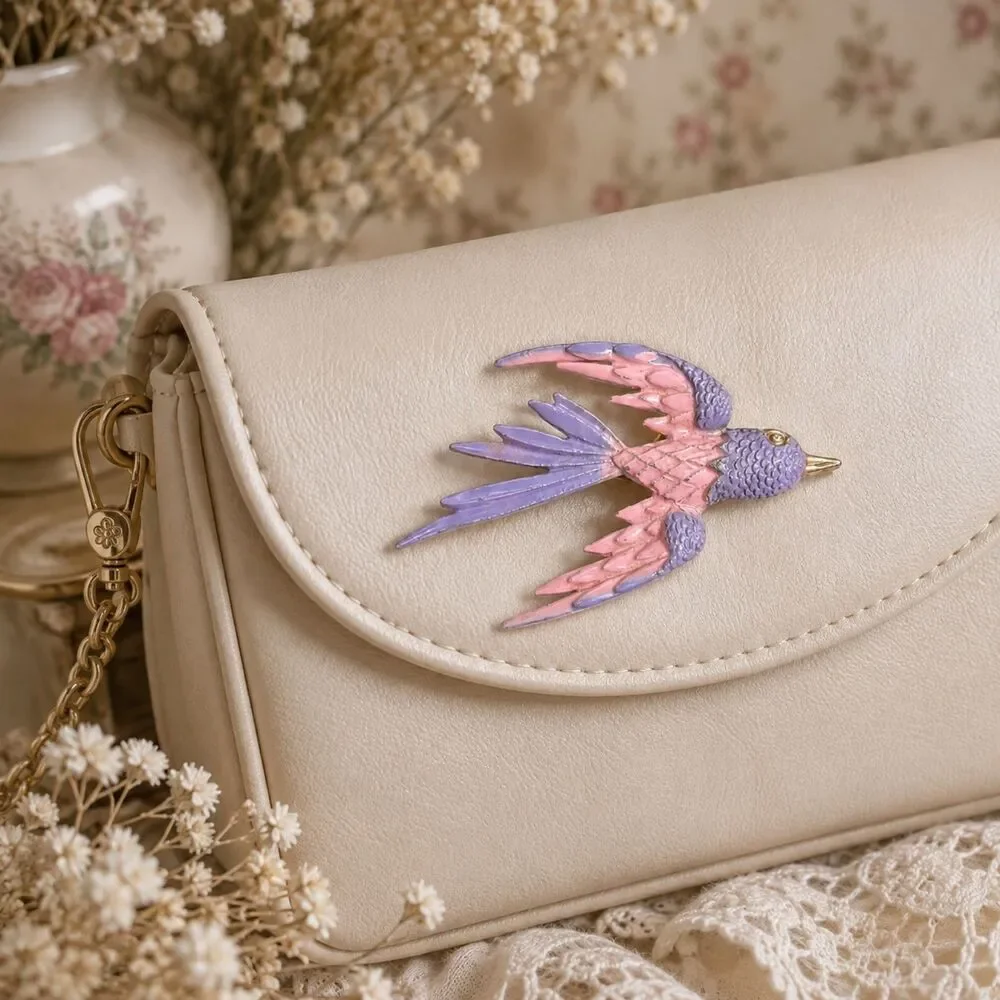 Pink Swallow Bird Brooch, Enamel Flying Bird Pin, Cottagecore Coquette Jewelry